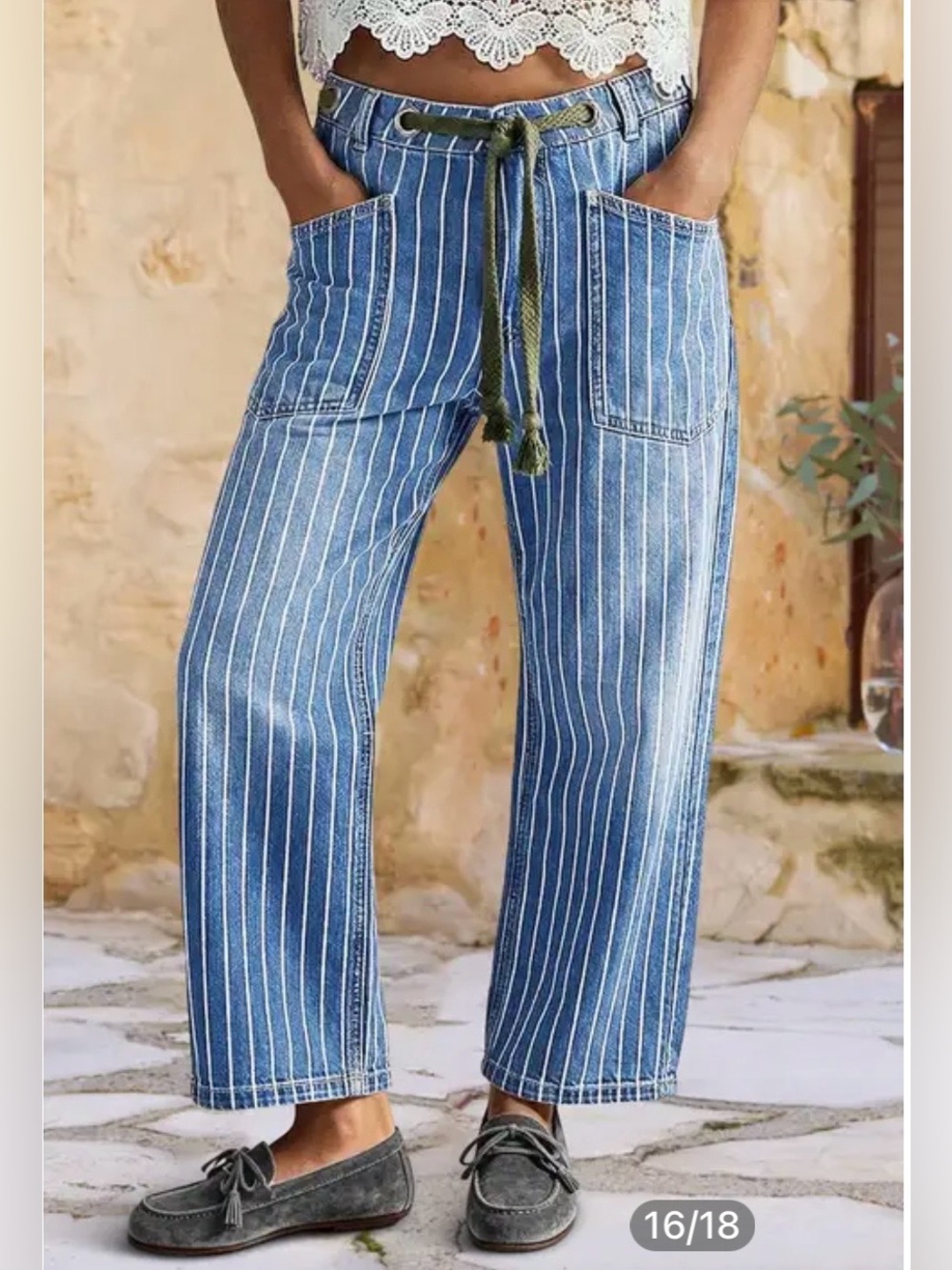 Flamingals Pinstriped Drawstring Patch Pocket High Waist Straight Leg Crop Jeans